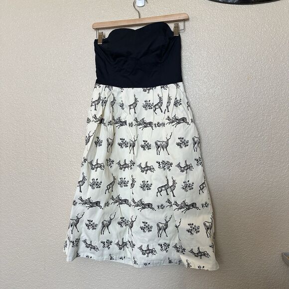 Postmark Conifer Herd Dress 4 Womens Strapless Black Deer Print Anthropologie - Picture 1 of 9